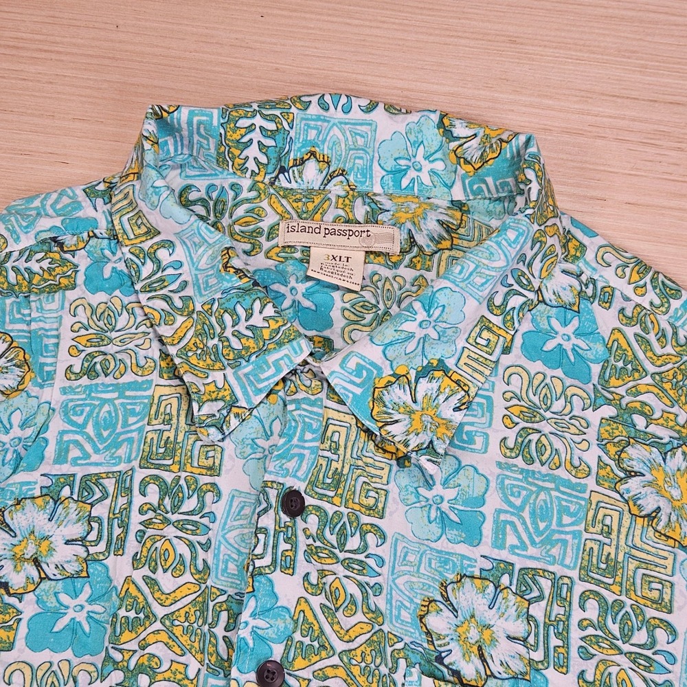 Island Passport Button Up Men 3XLT Blue Floral Rayon Hawaiian Short Sleeve Shirt